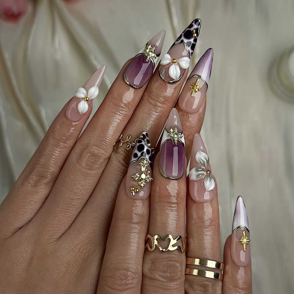 purple flower nails long stiletto press-on nails with purple ombre 3D flower accents and gold luxury details for summer winter holiday style