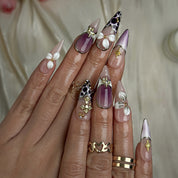 purple flower nails long stiletto press-on nails with purple ombre 3D flower accents and gold luxury details for summer winter holiday style