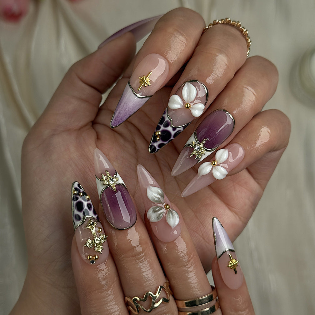 purple flower nails long stiletto press-on nails with purple ombre 3D flower accents and gold luxury details for summer winter holiday style