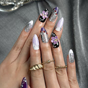 purple flower nails medium almond press-on nails with purple and white tones glitter sparkle and flower accents luxury summer holiday style