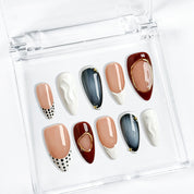 red white nail art medium almond press-on nails with nude base white french tips red accents and polka details summer holiday cool style