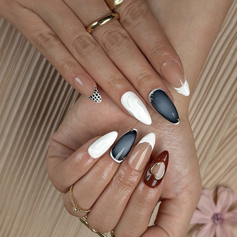 red white nail art medium almond press-on nails with nude base white french tips red accents and polka details summer holiday cool style