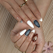 red white nail art medium almond press-on nails with nude base white french tips red accents and polka details summer holiday cool style