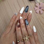 red white nail art medium almond press-on nails with nude base white french tips red accents and polka details summer holiday cool style