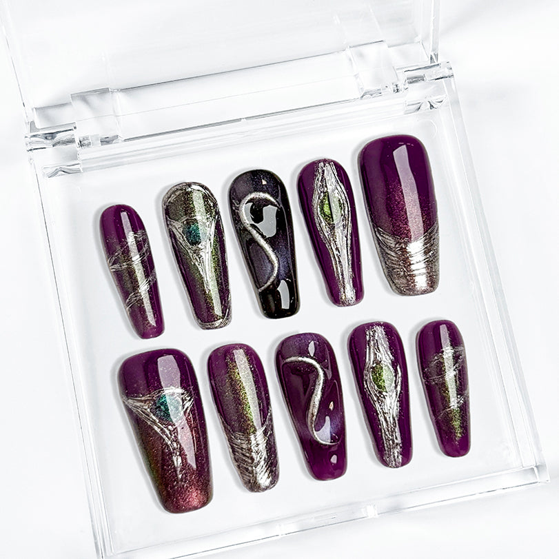 silver chrome nail varnish inspired long square press-on nails in purple with metallic luster and silver chrome accents winter holiday cool style