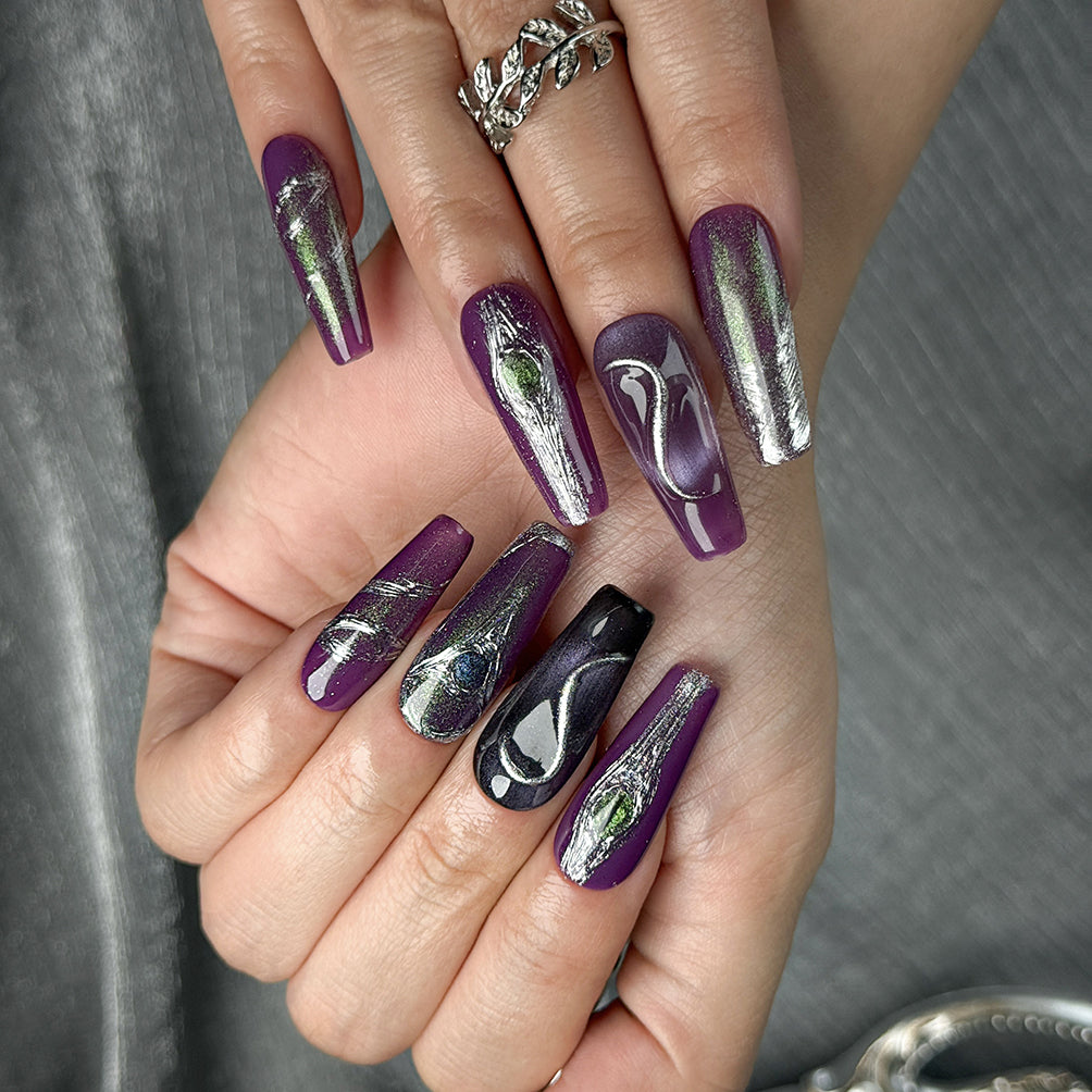 silver chrome nail varnish inspired long square press-on nails in purple with metallic luster and silver chrome accents winter holiday cool style