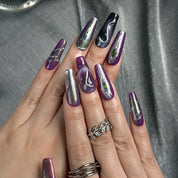 silver chrome nail varnish inspired long square press-on nails in purple with metallic luster and silver chrome accents winter holiday cool style