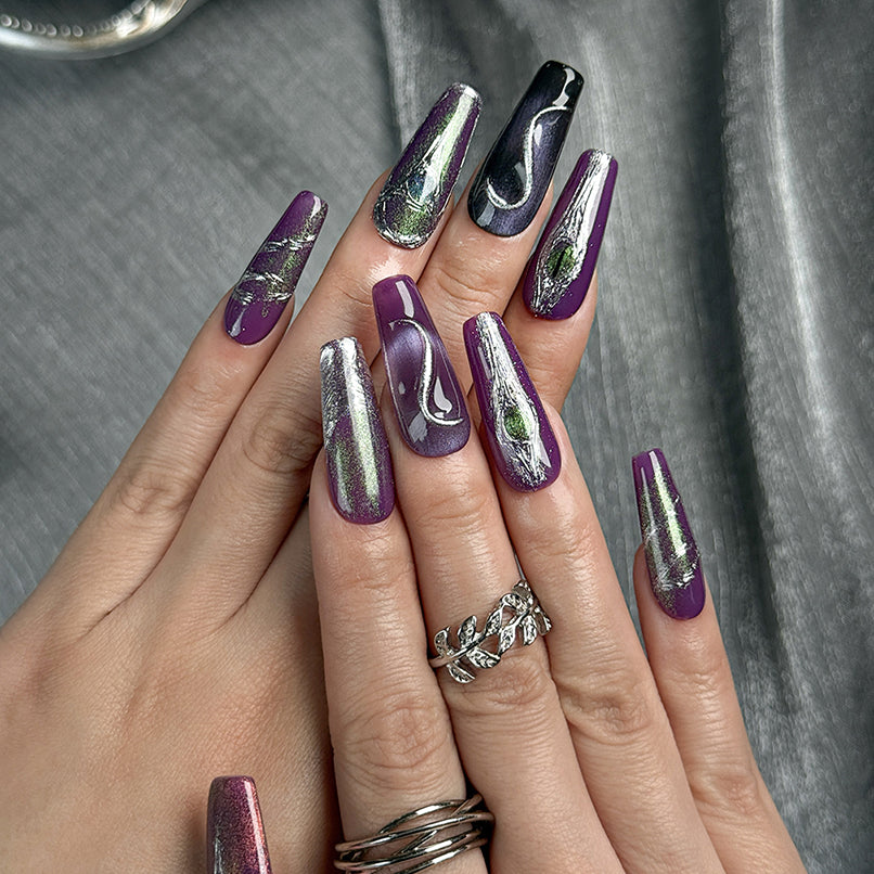 silver chrome nail varnish inspired long square press-on nails in purple with metallic luster and silver chrome accents winter holiday cool style