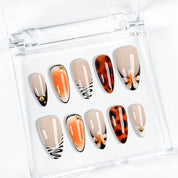 spotty nail art medium almond brown orange press-on nails for summer beach party
