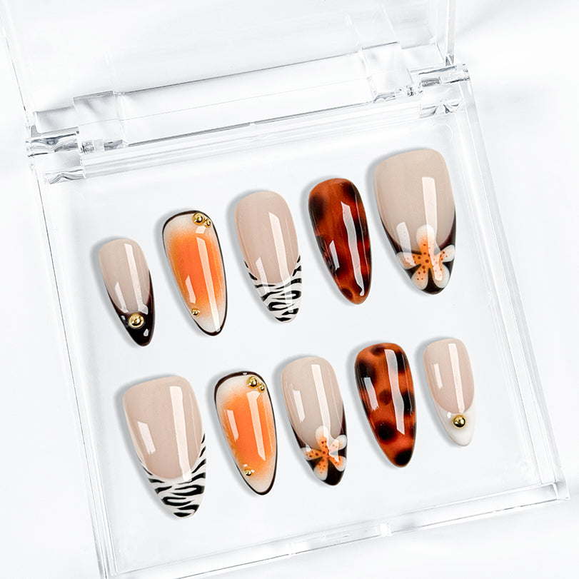 spotty nail art medium almond brown orange press-on nails for summer beach party