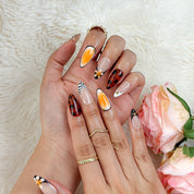 spotty nail art medium almond brown orange press-on nails for summer beach party