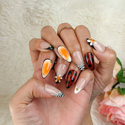 spotty nail art medium almond brown orange press-on nails for summer beach party
