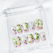 spotty nail art short square floral press on nails with rhinestones green pink white cute summer design