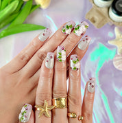 spotty nail art short square floral press on nails with rhinestones green pink white cute summer design