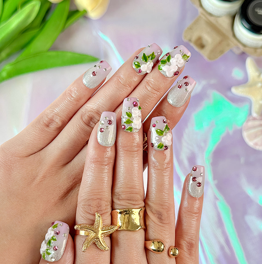 spotty nail art short square floral press on nails with rhinestones green pink white cute summer design