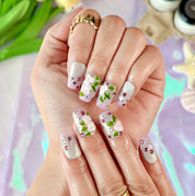 spotty nail art short square floral press on nails with rhinestones green pink white cute summer design