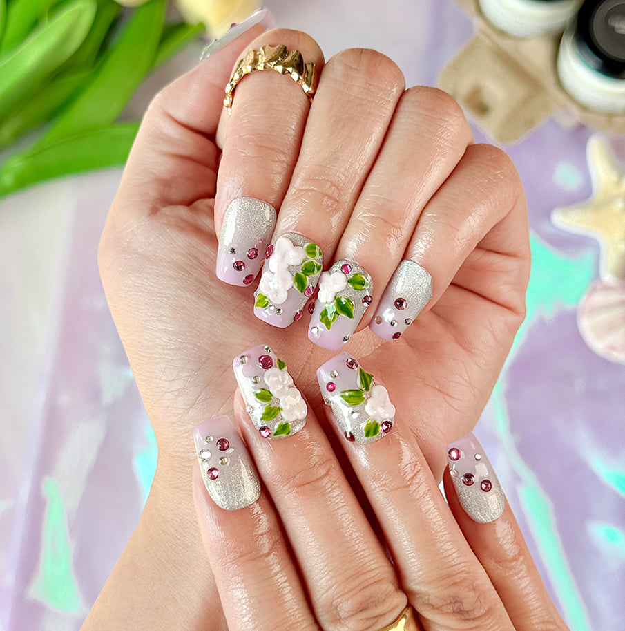 spotty nail art short square floral press on nails with rhinestones green pink white cute summer design