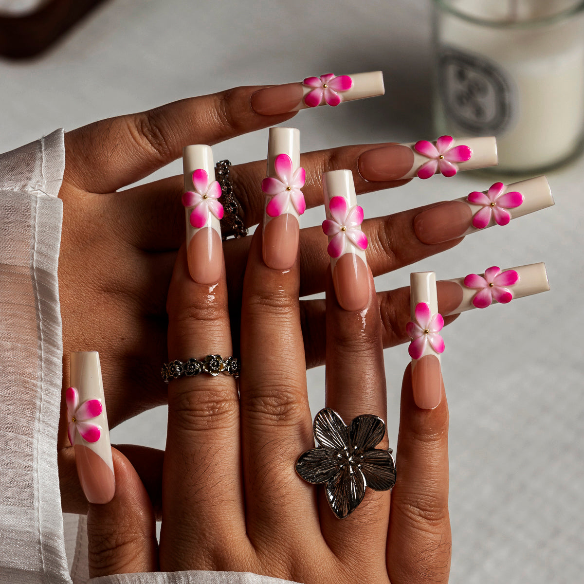 Pink Blossom French SQLO0001 press-on nails hand model scene view 1