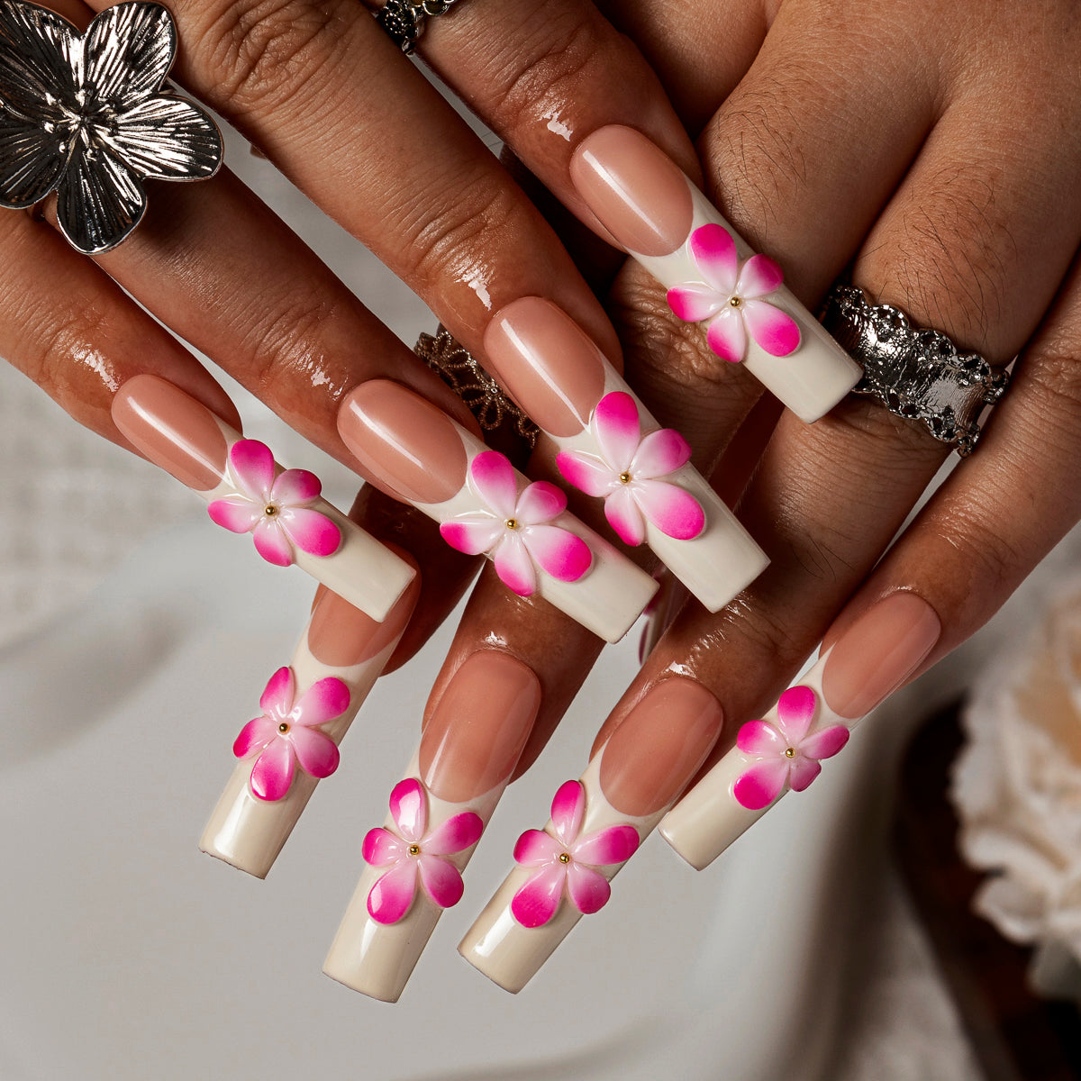 Pink Blossom French SQLO0001 press-on nails hand model scene view 2