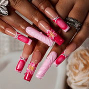 Fuchsia Ribbon Bloom SQLO0002 press-on nails hand model scene view 2
