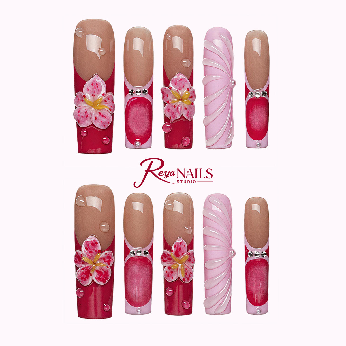 Fuchsia Ribbon Bloom SQLO0002 square long press-on nails product view
