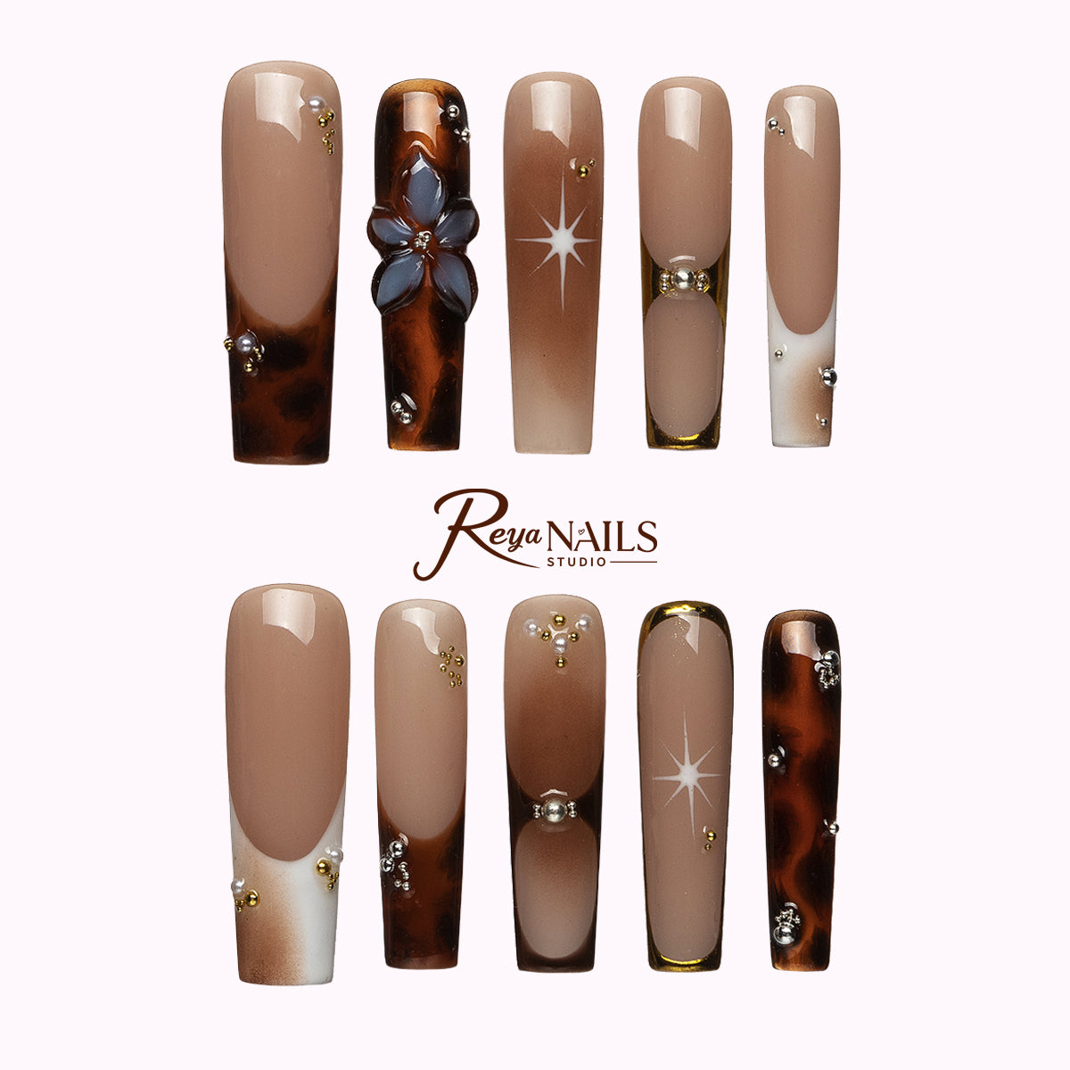 Mocha Star Tortoise SQLO0003 square long press-on nails product view