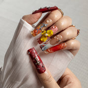Crimson Citrus Cross SQLO0009 press-on nails hand model scene view 1