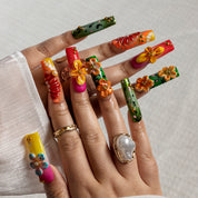 Neon Tropic Bloom SQLO0013 press-on nails hand model scene view 2