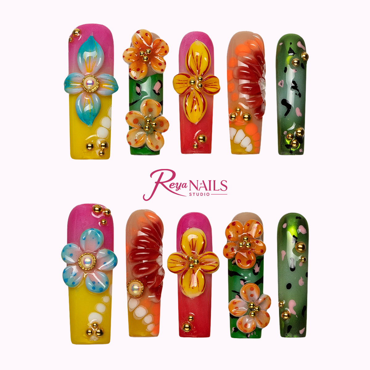 Neon Tropic Bloom SQLO0013 square long press-on nails product view