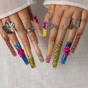 Tropical Chrome Blossom SQLO0018 press-on nails hand model scene view 2