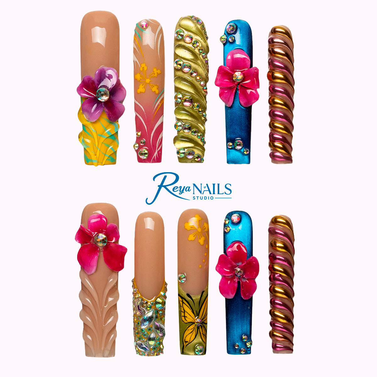 Tropical Chrome Blossom SQLO0018 square long press-on nails product view