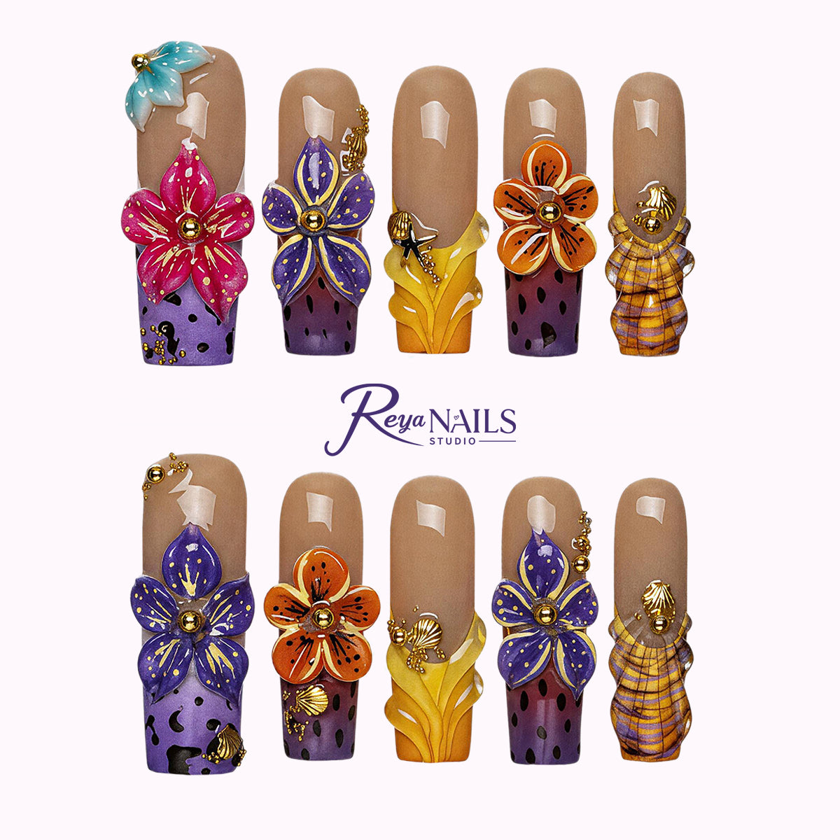 Tropical Shell Bloom SQLO0035 square long press-on nails product view