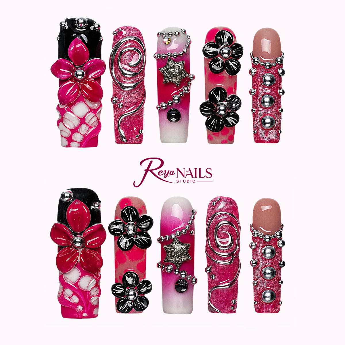 Raspberry Noir Bloom SQLO0043 square long press-on nails product view