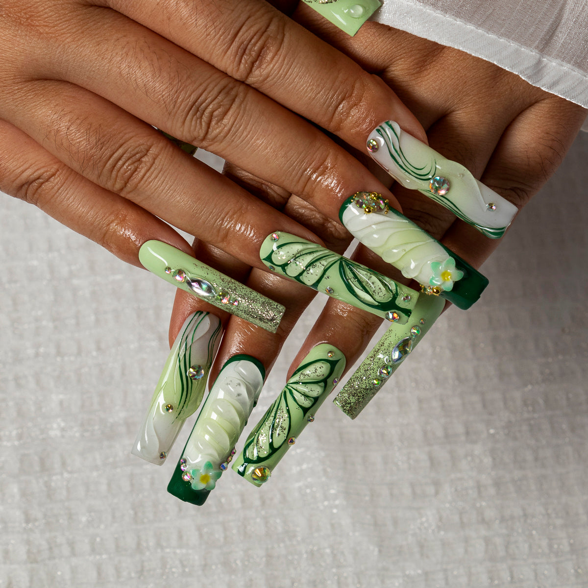 Sage Dew Butterfly SQLO0044 press-on nails hand model scene view 3