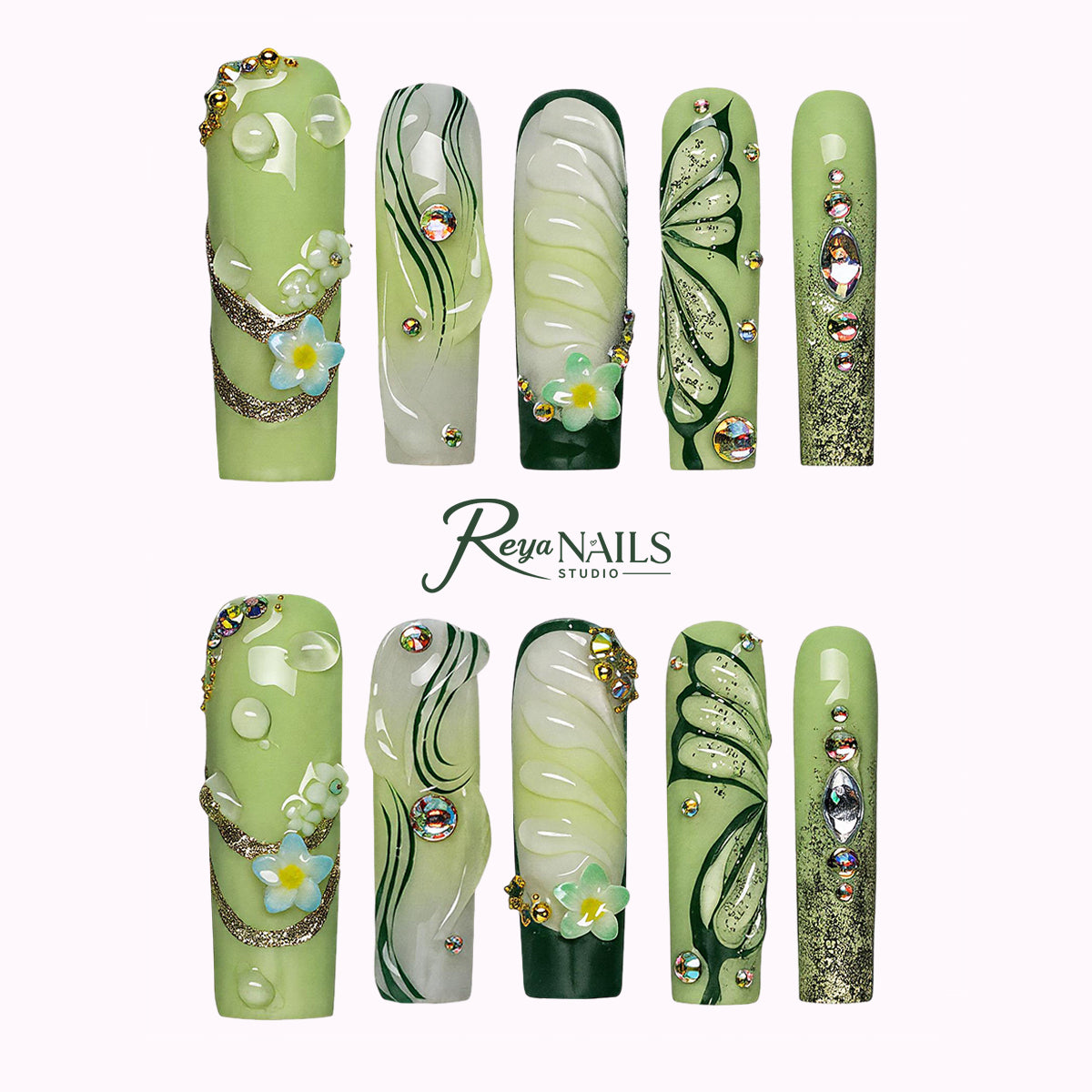 Sage Dew Butterfly SQLO0044 square long press-on nails product view