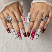 Ruby Camellia Bloom SQLO0050 press-on nails hand model scene view 2