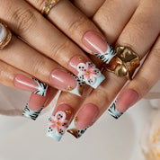 Peach Lily Zebra SQME0023 press-on nails hand model scene view 3