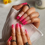 Pink Bow Dot SQME0026 press-on nails hand model scene view 1