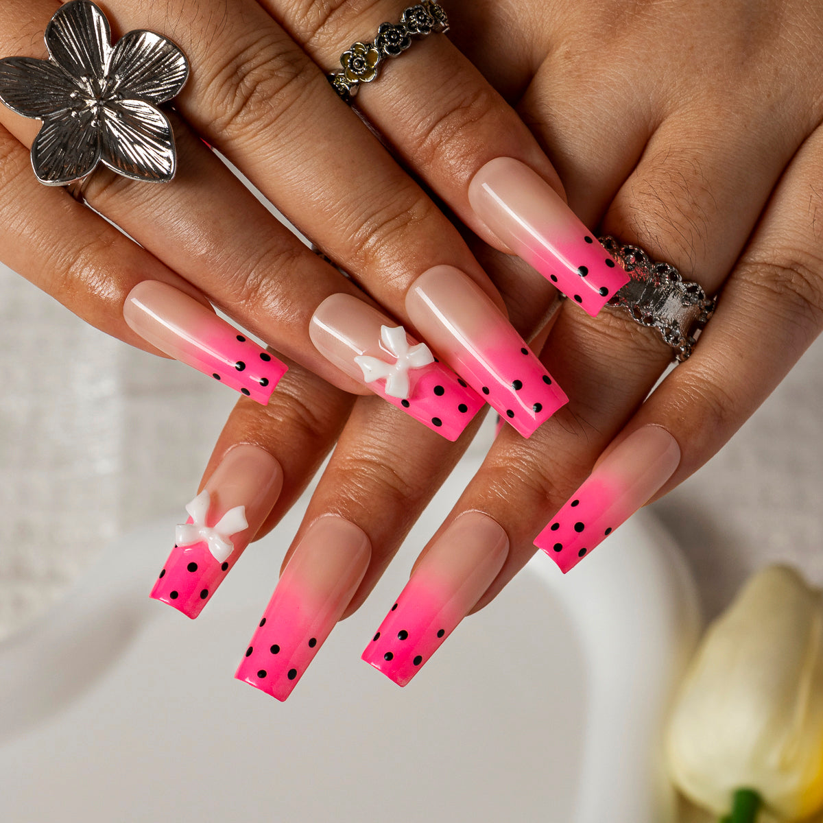 Pink Bow Dot SQME0026 press-on nails hand model scene view 3