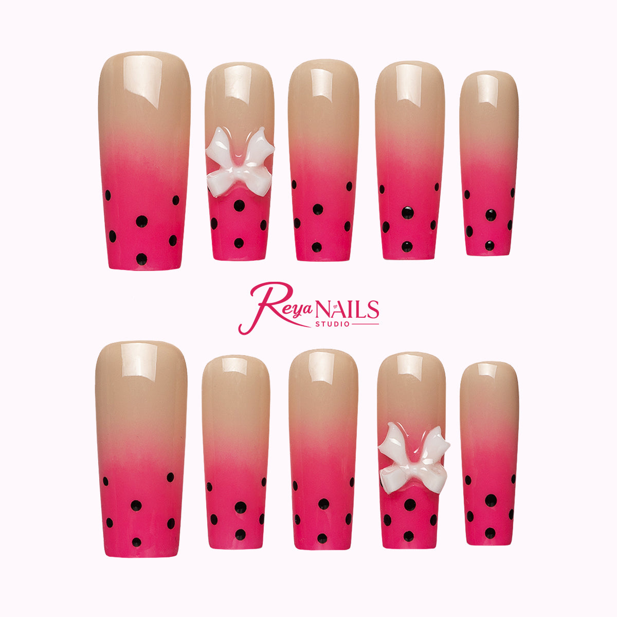 Pink Bow Dot SQME0026 square medium press-on nails product view