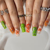 Lime Marigold Pop SQME0029 press-on nails hand model scene view 1