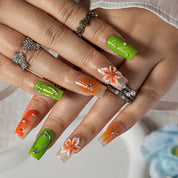 Lime Marigold Pop SQME0029 press-on nails hand model scene view 2