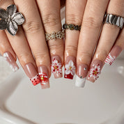 Scarlet Daisy Ribbon SQME0032 press-on nails hand model scene view 2
