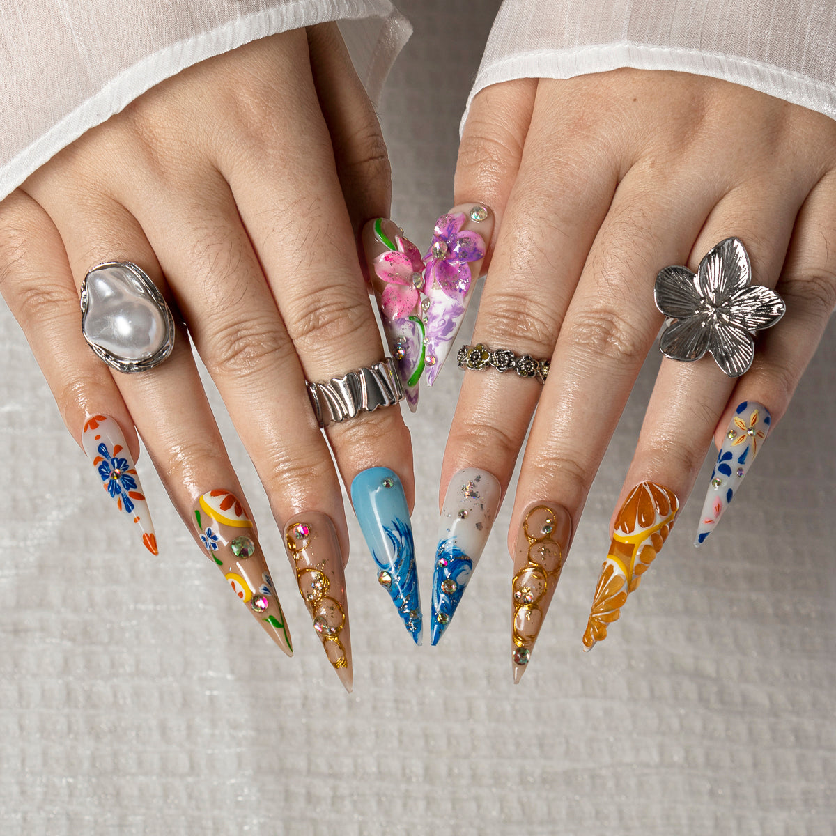 Painted Bloom STLO0001 press-on nails hand model scene view 2