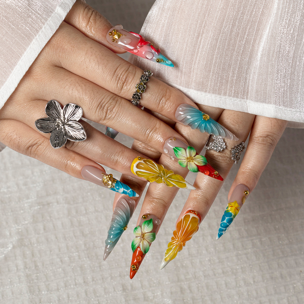 Island Petal Mix STLO0016 press-on nails hand model scene view 3