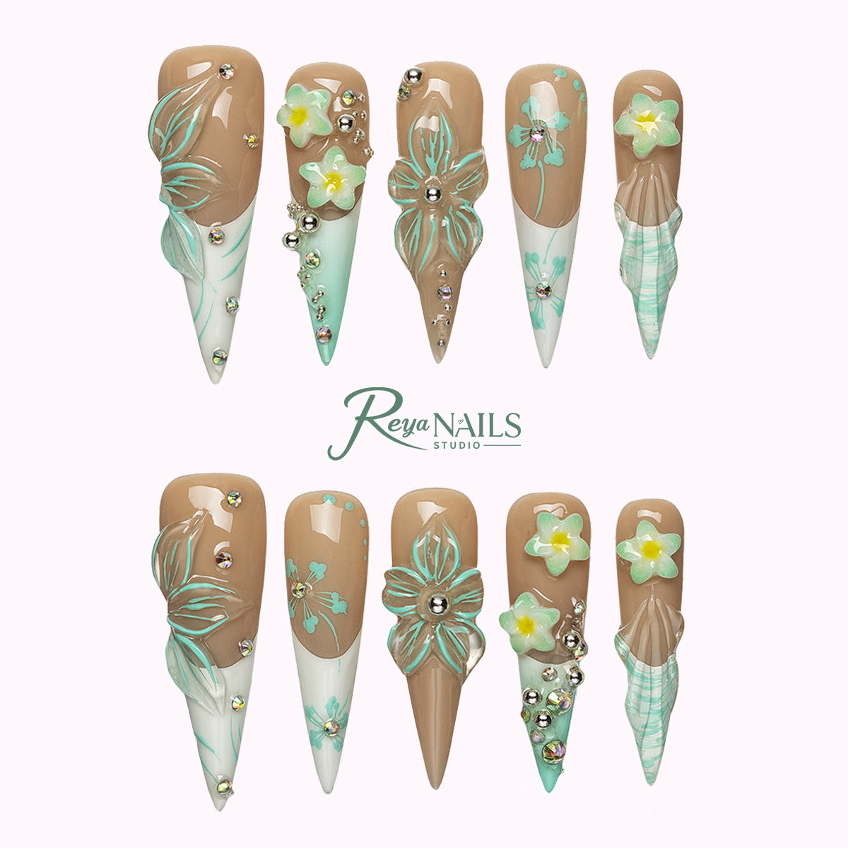 Mint Plumeria Veil STLO0039 stiletto long press-on nails product view