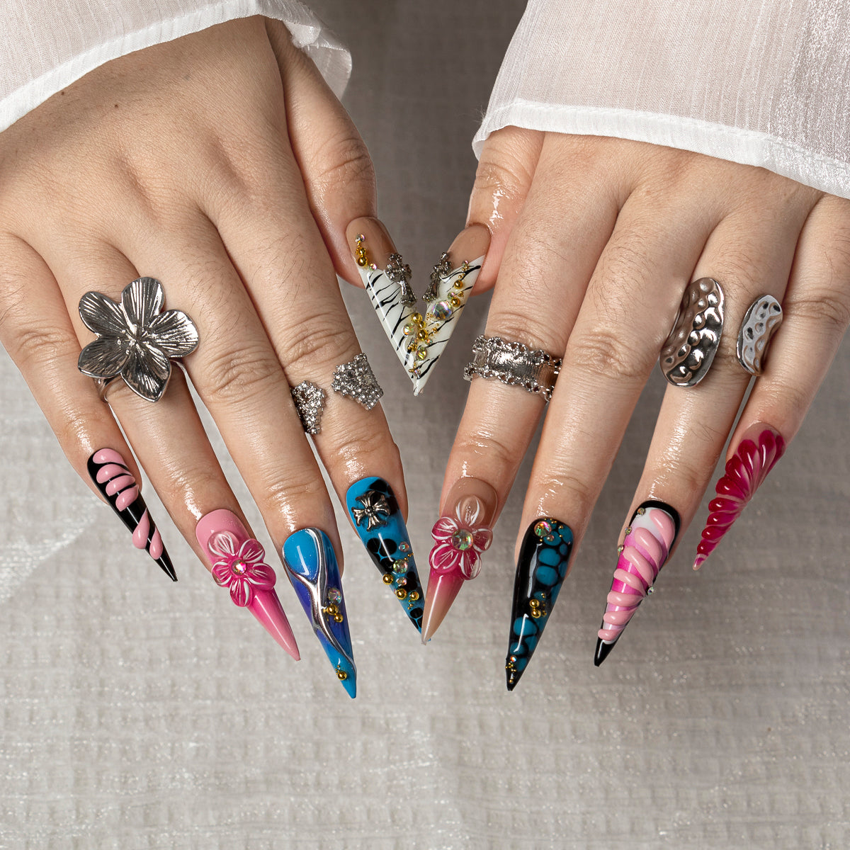 Cosmic Cross Bloom STLO0046 press-on nails hand model scene view 2