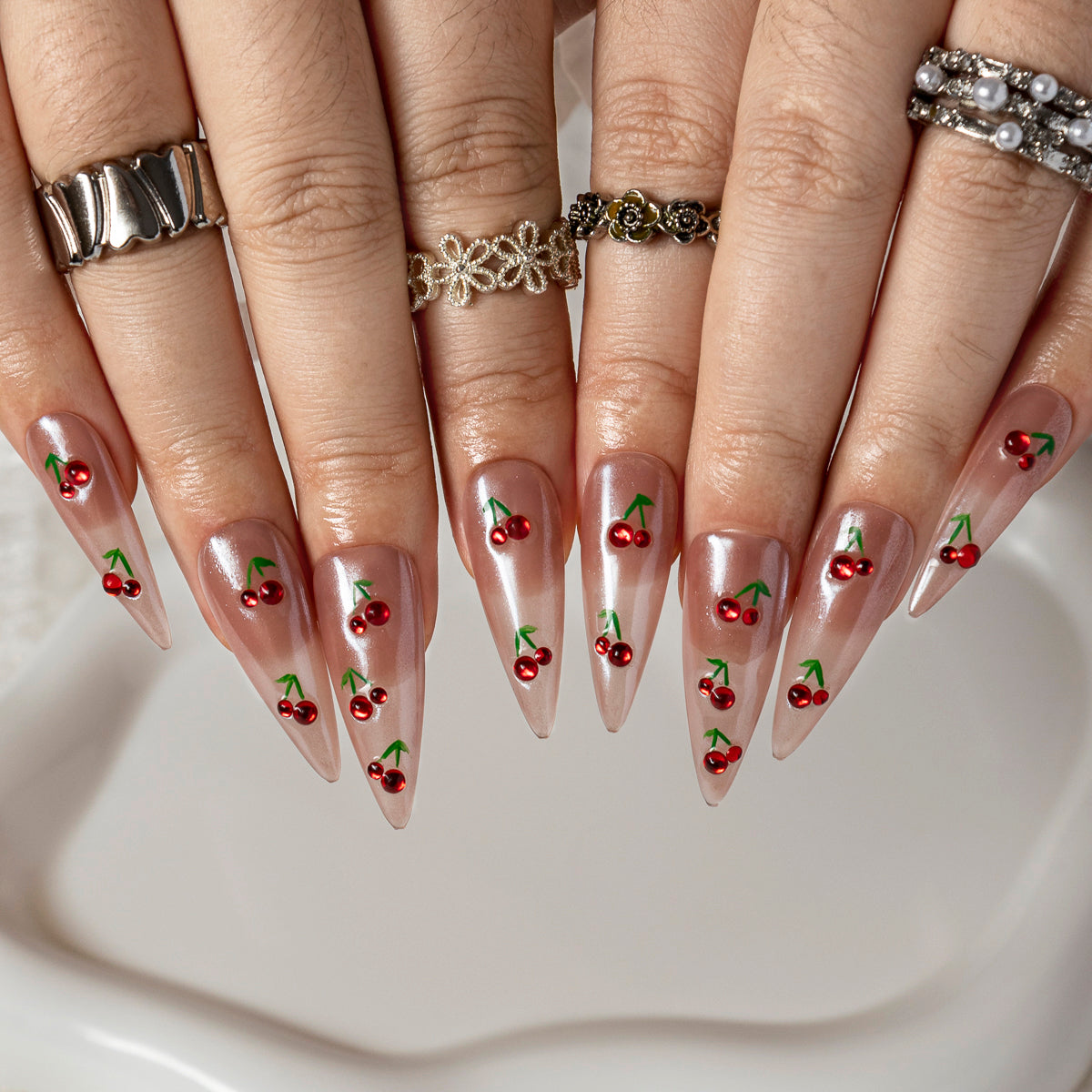 Tiny Cherry Vine STME0016 press-on nails hand model scene view 2
