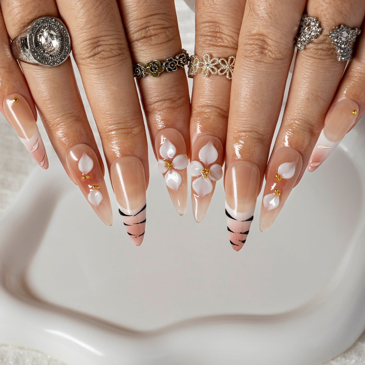 Blush Petal French STME0024 press-on nails hand model scene view 1