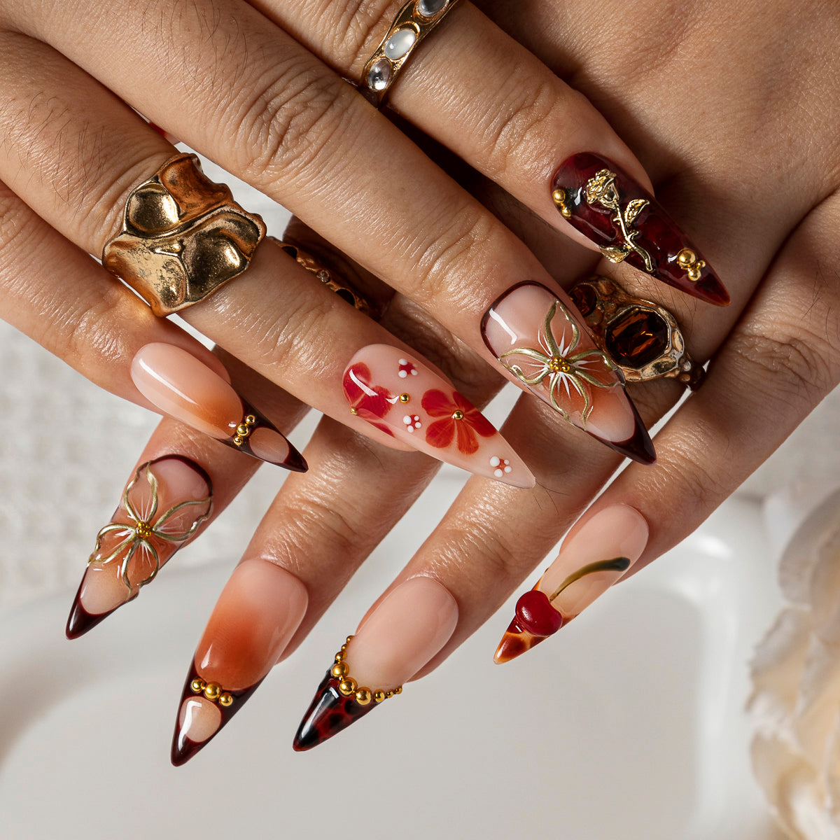 Cabernet Butterfly Heart STME0026 press-on nails hand model scene view 2